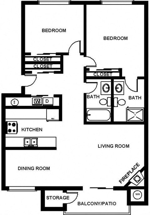 Floor plan for 2 beds, 2 baths, 1025 sqft